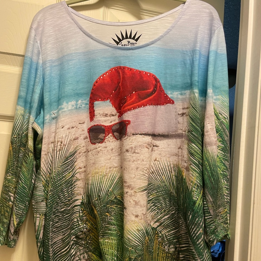 Christmas at the BEACH, Holiday, Santa, Bling, Bright, Beach Scene Tunic Top